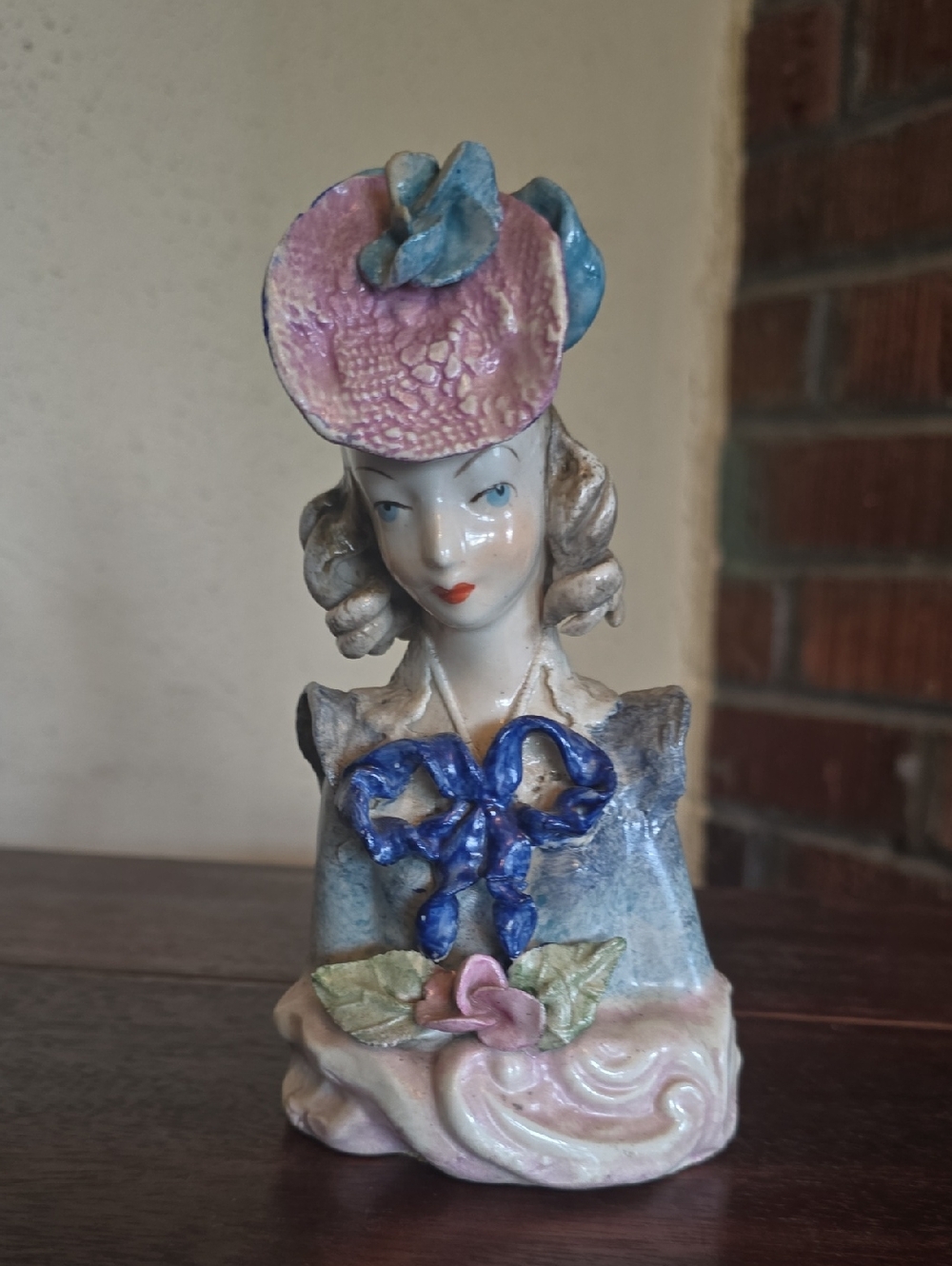 Hand-Painted Ceramic Lady Bust in Pink and Blue